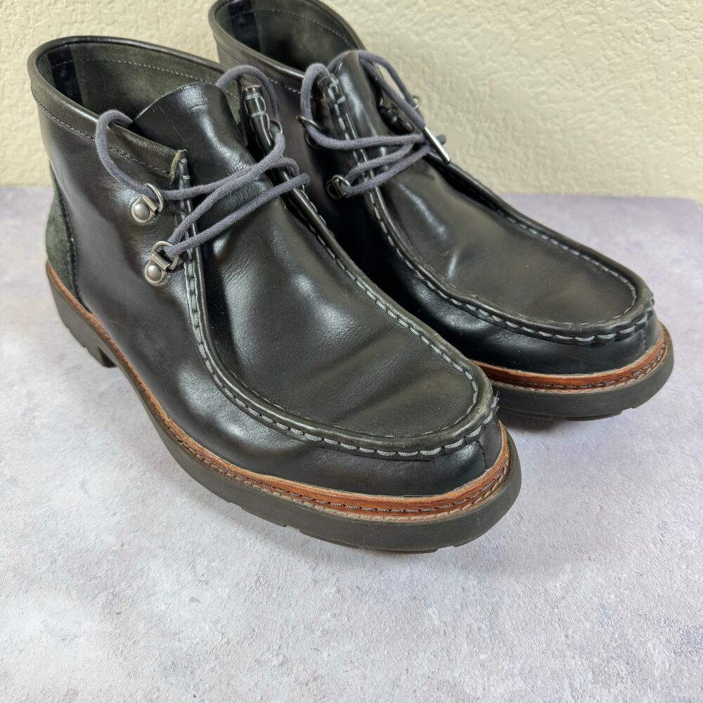 Clarks Trace Ramble Black Leather & Suede Heels Chukka Moc Toe Boots Mens 10.5M